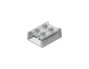 The 2-Pin Solderless White LED Strip Screw Connector (10mm) from the EnoLED Series is a transparent, rectangular plastic connector featuring four round holes on top, each with a cross-shaped metal contact to securely hold electrical wires. Ideal as a COB LED strip connector or 10mm LED tape connector, it provides reliable and efficient power connectivity for your lighting projects.