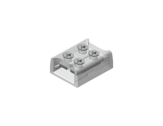 The 2-Pin Solderless White LED Strip Screw Connector (10mm) from the EnoLED Series is a transparent, rectangular plastic connector featuring four round holes on top, each with a cross-shaped metal contact to securely hold electrical wires. Ideal as a COB LED strip connector or 10mm LED tape connector, it provides reliable and efficient power connectivity for your lighting projects.