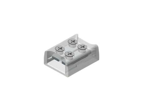 The 2-Pin Solderless White LED Strip Screw Connector (10mm) from the EnoLED Series is a transparent, rectangular plastic connector featuring four round holes on top, each with a cross-shaped metal contact to securely hold electrical wires. Ideal as a COB LED strip connector or 10mm LED tape connector, it provides reliable and efficient power connectivity for your lighting projects.