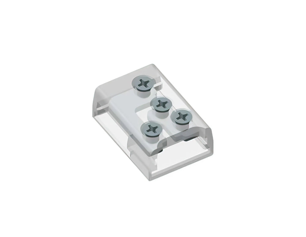 A transparent plastic cover with five visible screws secures a white rectangular base inside, shown on a white background—engineered as the 2-Pin Solderless White LED Strip Screw Connector (10mm) from the EnoLED Series for reliable connections in diverse LED strip lighting setups.