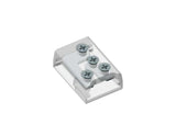 A transparent plastic cover with five visible screws secures a white rectangular base inside, shown on a white background—engineered as the 2-Pin Solderless White LED Strip Screw Connector (10mm) from the EnoLED Series for reliable connections in diverse LED strip lighting setups.