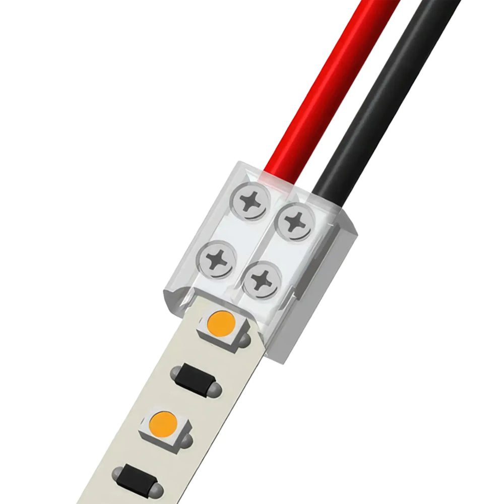 Close-up of the 2-Pin Solderless White LED Strip Screw Connector (10mm) ~ EnoLED Series, joining a red and black wire to an LED strip with visible screw terminals securing both the wires and the strip.