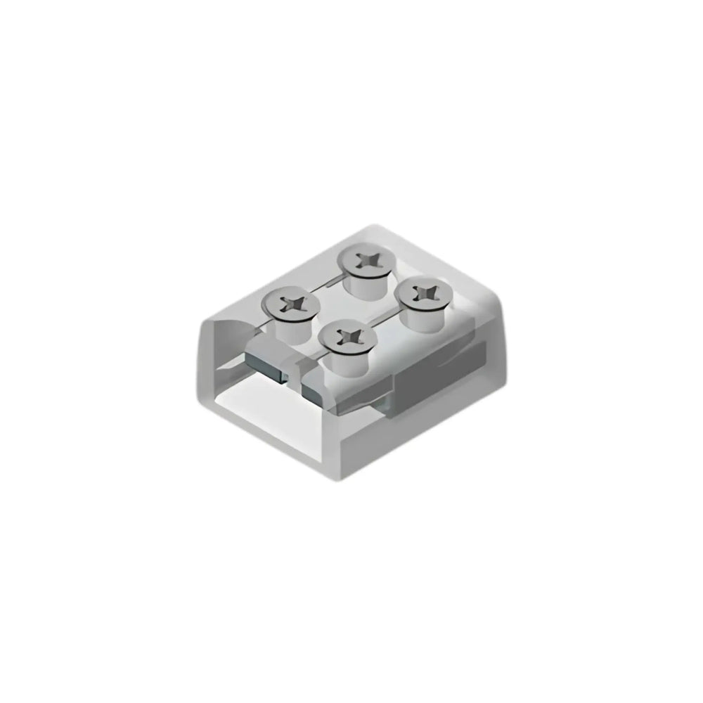 A close-up of the 2-Pin Solderless White LED Strip Screw Connector (10mm) from the EnoLED Series, featuring a transparent plastic body with four visible metal screw terminals, designed for safe and secure joining of electrical wires—perfect as an LED strip connector or tape-to-wire LED connector for reliable lighting installations.
