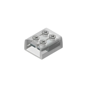A close-up of the 2-Pin Solderless White LED Strip Screw Connector (10mm) from the EnoLED Series, featuring a transparent plastic body with four visible metal screw terminals, designed for safe and secure joining of electrical wires—perfect as an LED strip connector or tape-to-wire LED connector for reliable lighting installations.