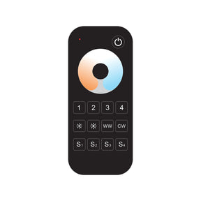The EnoLED ES-RT-Z4-CCT Tunable White Touch Wheel RF Remote features a circular dial for color temperature, power button, buttons 1–4, WW/CW controls, and S1–S4 buttons on a white background.