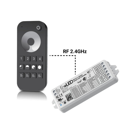 The EnoLED ES-RT-Z4-DIM Single Color Dimming Touch Wheel RF Remote Controller, shown in black with numbered buttons and a circular touchpad beside a white LED controller, provides wireless LED lighting control via 2.4GHz RF.