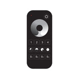 The EnoLED ES-RT-Z4-DIM Single Color Dimming Touch Wheel RF Remote Controller is a black remote with a round button, enabling wireless brightness control for LED lighting systems.
