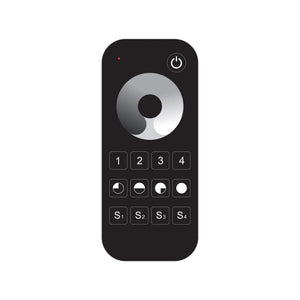 The EnoLED ES-RT-Z4-DIM Single Color Dimming Touch Wheel RF Remote Controller is a black remote with a round button, enabling wireless brightness control for LED lighting systems.