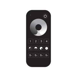 The EnoLED EnoSync Series Single Color Dimming Touch Wheel RF Remote, shown on a white background, features a power button, circular navigation pad, four numbered buttons, and four S1–S4 labeled buttons for LED lighting control.