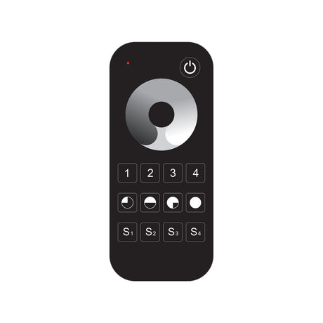 The EnoLED ES-RT-Z4-DIM Single Color Dimming Touch Wheel RF Remote Controller is a black remote with a round button, enabling wireless brightness control for LED lighting systems.