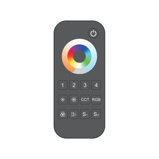 The EnoLED EnoSync Series RGB+TW Touch Wheel RF Remote, shown in black with labeled buttons and a power switch, intuitively controls LED lighting modes like RGB, CCT, brightness, and scenes against a white background.