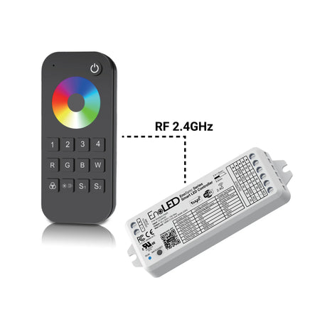An EnoLED ES-RT-Z4-RGBW black RGBW Touch Wheel RF Remote Controller sits beside a white LED controller, connected wirelessly via 2.4GHz RF for seamless LED lighting control, indicated by a dashed line and label.