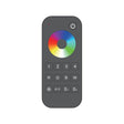 The EnoLED EnoSync Series RGB/RGBW Touch Wheel RF Remote features a black circular color wheel, power, numeric, and labeled LED control buttons, all shown on a white background.