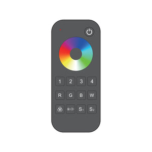 The EnoLED ES-RT-Z4-RGBW is a black RGB/RGBW Touch Wheel RF Remote Controller featuring a circular touch wheel, power button, number buttons 1–4, RGBW buttons, and extra function keys, displayed on a white background.