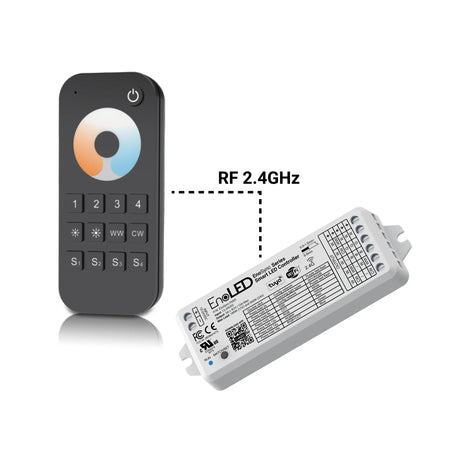 The EnoLED EnoSync Series Tunable White Touch Wheel RF Remote offers color temperature adjustment via touch and numbered buttons, while the matching receiver displays specs and wiring terminals for easy LED lighting control.