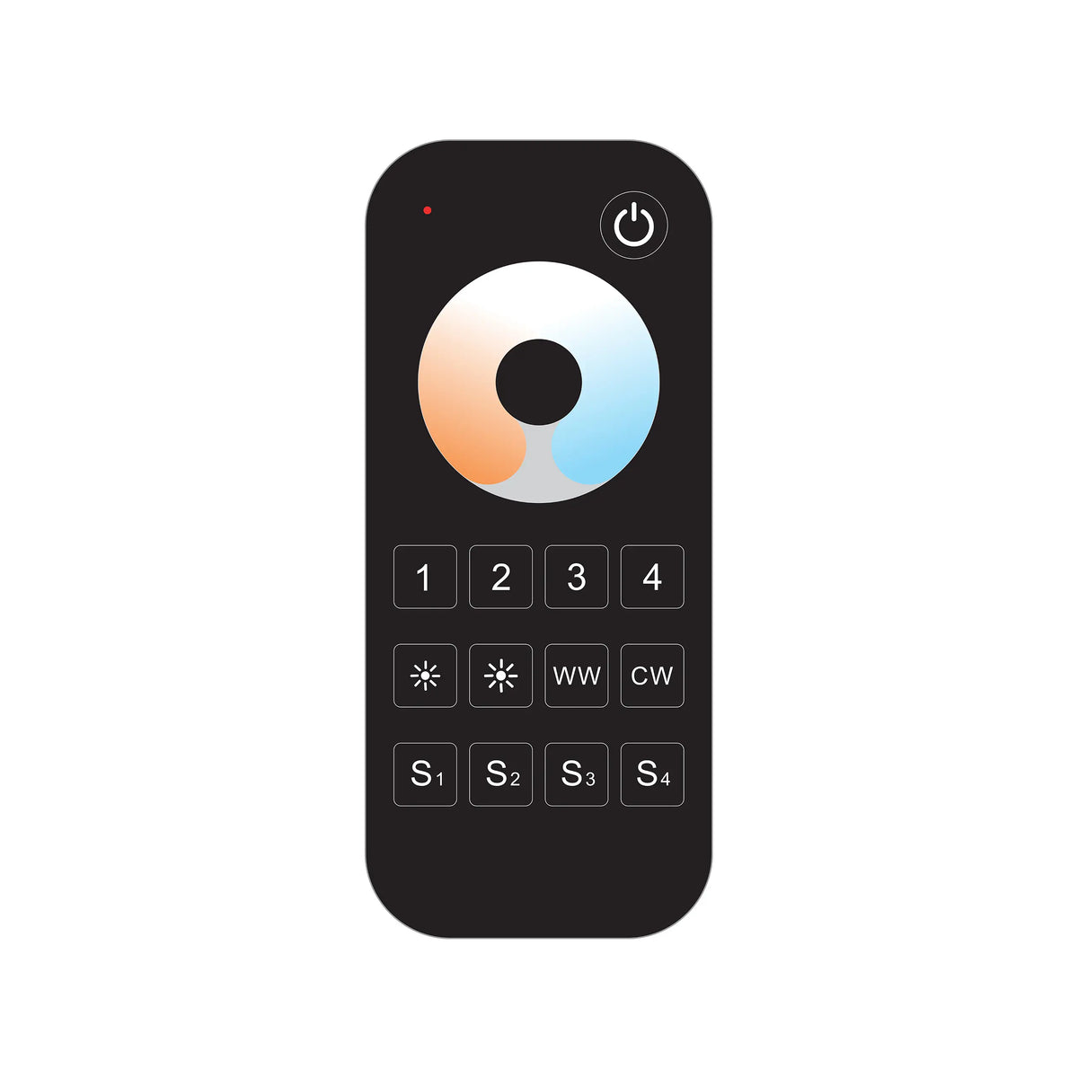 The EnoLED EnoSync Series Tunable White Touch Wheel RF Remote features a black design with a circular color temp dial, power button, number keys 1-4, WW/CW buttons, and S1-S4 controls—all set against a white background for LED lighting control.
