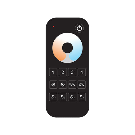 The EnoLED EnoSync Series Tunable White Touch Wheel RF Remote features a black design with a circular color temp dial, power button, number keys 1-4, WW/CW buttons, and S1-S4 controls—all set against a white background for LED lighting control.