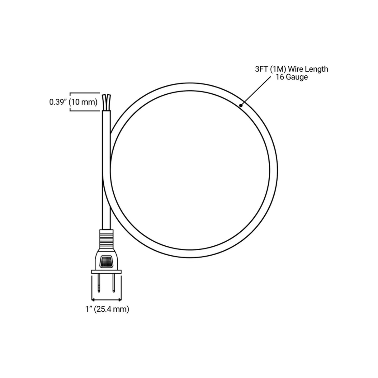 Black and white diagram of the Enoled 3ft 16 AWG White Flat Power Cord with a US 2-prong plug (1 inch wide, 0.39 inch thick), all dimensions labeled.