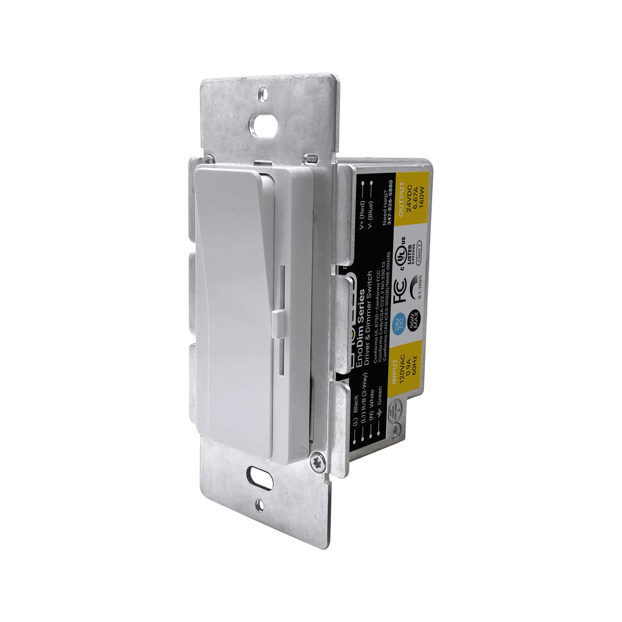 A Compact Wall Switch LED Driver & Dimmer (12V) from the EnoLED EnoDim Series, featuring a white wall-mounted design with sliding control and metal mounting plate, is shown angled on a white background with side label of specs and certifications.