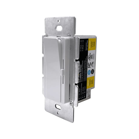 A Compact Wall Switch LED Driver & Dimmer (12V) from the EnoLED EnoDim Series, featuring a white wall-mounted design with sliding control and metal mounting plate, is shown angled on a white background with side label of specs and certifications.