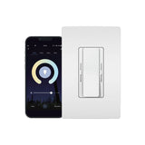 A smartphone displaying a light control app interface is placed beside the EnoLED EnoDim Series Tunable White Wall Switch LED Driver & Dimmer (24V) against a plain white background, emphasizing the seamless integration for effortless lighting adjustments with tunable white LED technology.