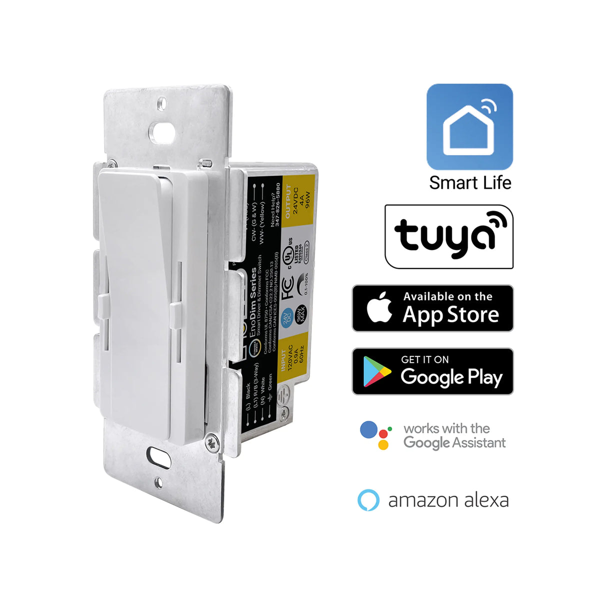 The Tunable White Wall Switch LED Driver & Dimmer (24V) from the EnoLED EnoDim Series is compatible with Smart Life, Tuya, Amazon Alexa, Google Assistant, Apple App Store, and Google Play. This smart wall switch features a built-in LED driver and dimmer, enabling easy control of tunable white LED lighting for customizable ambiance throughout your home.
