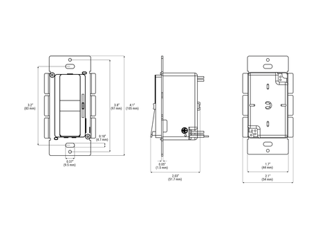 Technical drawing of the Compact Wall Switch LED Driver & Dimmer (12V) ~ EnoLED EnoDim Series with front, side, and back views, showing detailed height, width, and depth in inches and millimeters.