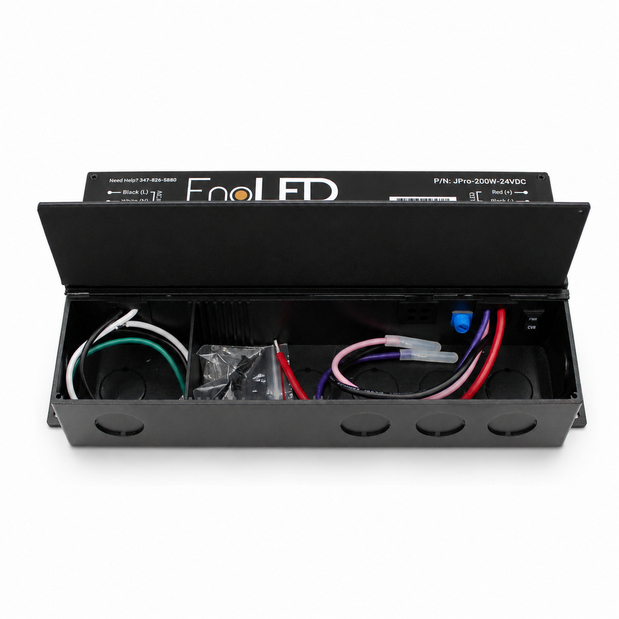 Black metal electrical box labeled Enoled JPro Series with its lid open, showing wiring, connectors, mounting holes inside, and equipped with the 5-in-1 Dimmable J-Box LED Driver (24V) for versatile lighting installations.