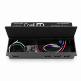 Black metal electrical box labeled Enoled JPro Series with its lid open, showing wiring, connectors, mounting holes inside, and equipped with the 5-in-1 Dimmable J-Box LED Driver (24V) for versatile lighting installations.