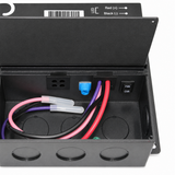 Open black metal electrical box with three wires (red, black, and purple) connected inside, a blue wire connector, and a switch labeled PWM CVR. Three circular knockouts are visible at the bottom. This setup is compatible with the 5-in-1 Dimmable J-Box LED Driver (24V), part of the Enoled JPro Series, for controlling dimmable lighting applications.