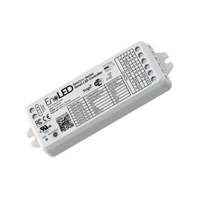 A white EnoLED EnoSync Series Multi-Channel Smart LED Controller, featuring multiple terminal ports, technical specs, certification logos, wiring diagrams, and QR codes for Tuya Smart Life app and WiFi compatibility. Supports RF remote control.
