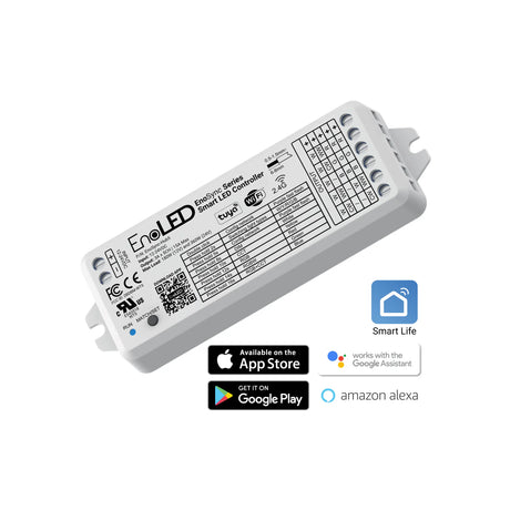 The EnoLED EnoSync Series Multi-Channel Smart LED Controller features labels, specs, and icons for Tuya Smart Life, Apple App Store, Google Play, Google Assistant, Amazon Alexa compatibility, plus RF remote support.