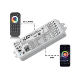 The EnoLED EnoSync Series Multi-Channel Smart LED Controller is shown with an RF 2.4GHz remote and WiFi app (Tuya Smart Life), both enabling wireless LED adjustments.