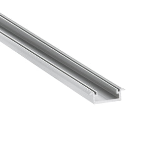 The 0.53 Small Recessed LED Channel ~ Model Frankfurt is a silver aluminum, U-shaped profile with grooved sides and an open top, perfect for minimalist lighting solutions, shown on a white background.