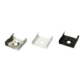 Three Mounting Clips for Frankfurt Profile in silver, white, and black are lined up side by side. Each clip has a central circular hole and raised edges on three sides.