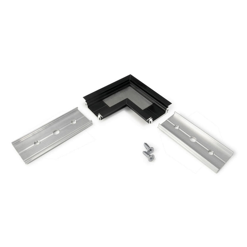 The 90 Degree Corner Connector for Groove14 Profile features a black interior, two perforated metal plates, and three screws—perfect for use with Groove14 mounting clips. It is shown against a white background.