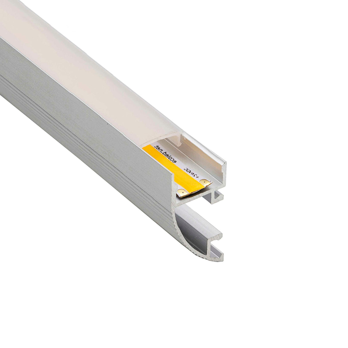 Close-up of the Indirect Ceiling Wall Wash LED Profile ~ Model Galicia: an aluminum channel with frosted cover and rounded-edge rectangular design, partially housing an LED strip—ideal for architectural lighting.