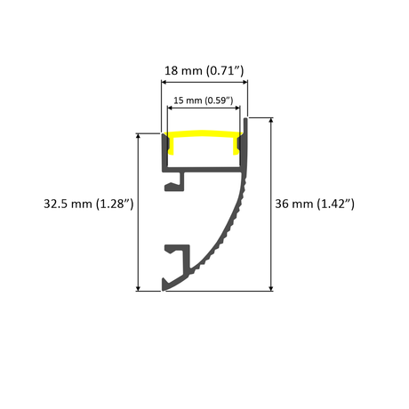 Technical diagram of the Indirect Ceiling Wall Wash LED Profile ~ Model Galicia, showing a cross-section with labeled dimensions: 18 mm width, 15 mm inner width, 36 mm height, and a yellow-highlighted top edge for wall washing.