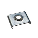 The Steel Mounting Clip for Galicia Profile is a small rectangular steel clip featuring a central raised circular hole and two short bent flanges on opposite sides, shown isolated on a white background.