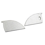 Two thin, silver, curved aluminum end caps with a textured finish—one features a small oval hole near the edge and a side tab; the other lacks the hole. Designed for use with Galicia Profile. Product: End Cap for Galicia Profile.