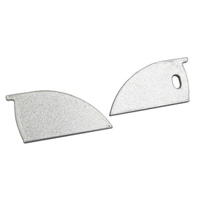 Two thin, silver, curved aluminum end caps with a textured finish—one features a small oval hole near the edge and a side tab; the other lacks the hole. Designed for use with Galicia Profile. Product: End Cap for Galicia Profile.