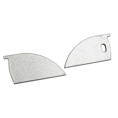 Two thin, silver, curved aluminum end caps with a textured finish—one features a small oval hole near the edge and a side tab; the other lacks the hole. Designed for use with Galicia Profile. Product: End Cap for Galicia Profile.