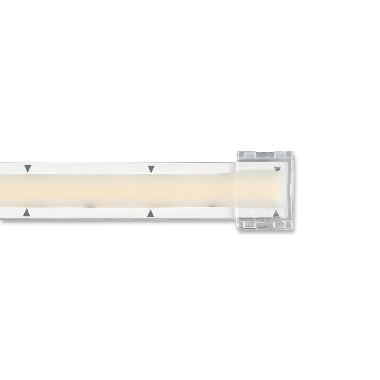 A close-up of the Waterproof End Cap for Glow67 LED Strip shows its transparent design and rectangular connector at the end, set against a black background with small black arrows marked along the strip.