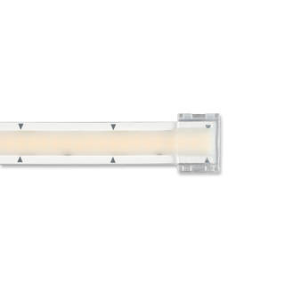 A close-up of the Waterproof End Cap for Glow67 LED Strip shows its transparent design and rectangular connector at the end, set against a black background with small black arrows marked along the strip.