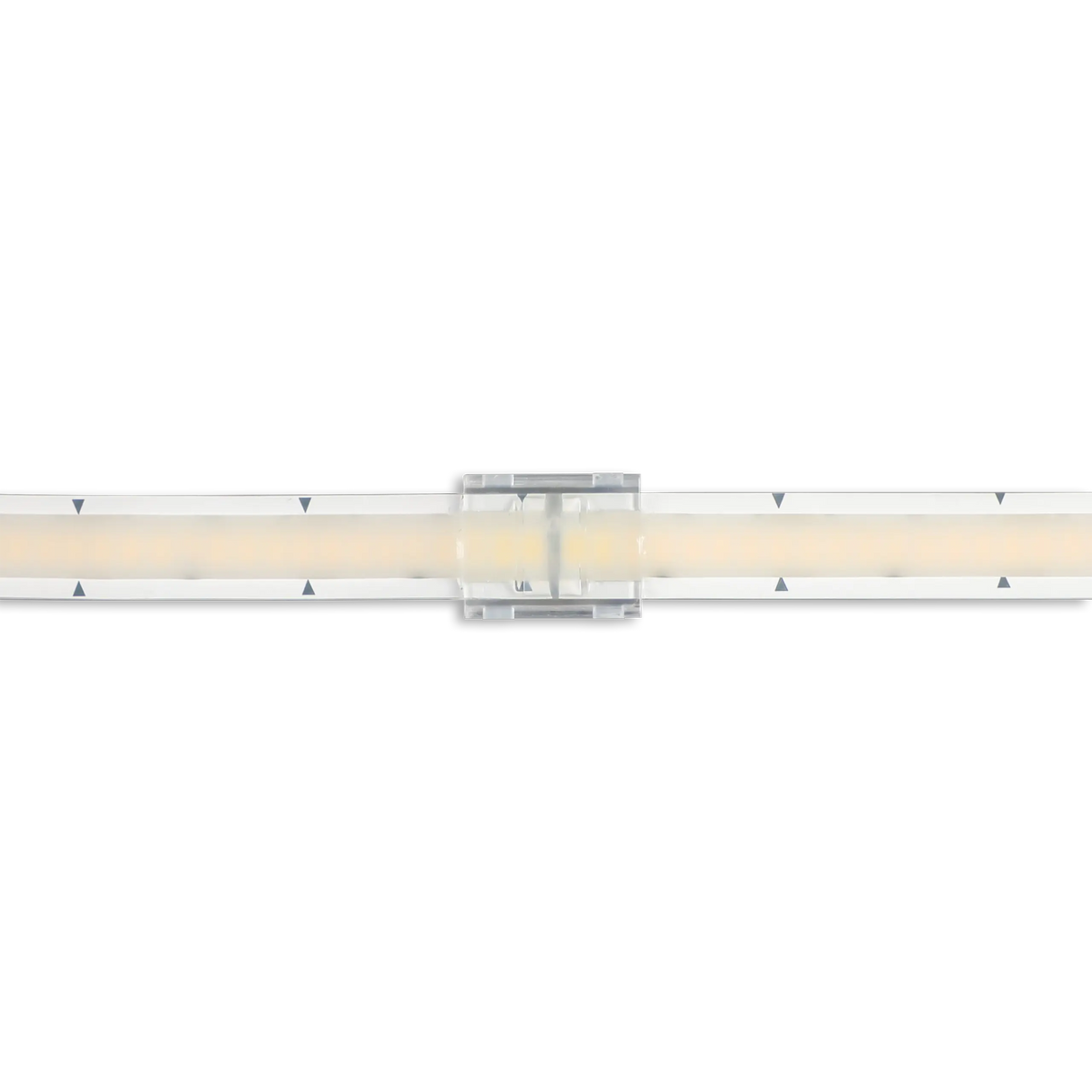 A close-up of a Glow67 Pro Series LED Strip Light Connector joining two white LED light strips with black arrow markings, set against a black background.