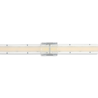 A close-up of a 2-Pin Solderless IP67 White COB LED Strip Clip Connector (12mm) from the Glow67 Pro Series joining two white LED strips, each marked with small blue triangles, against a plain white background.