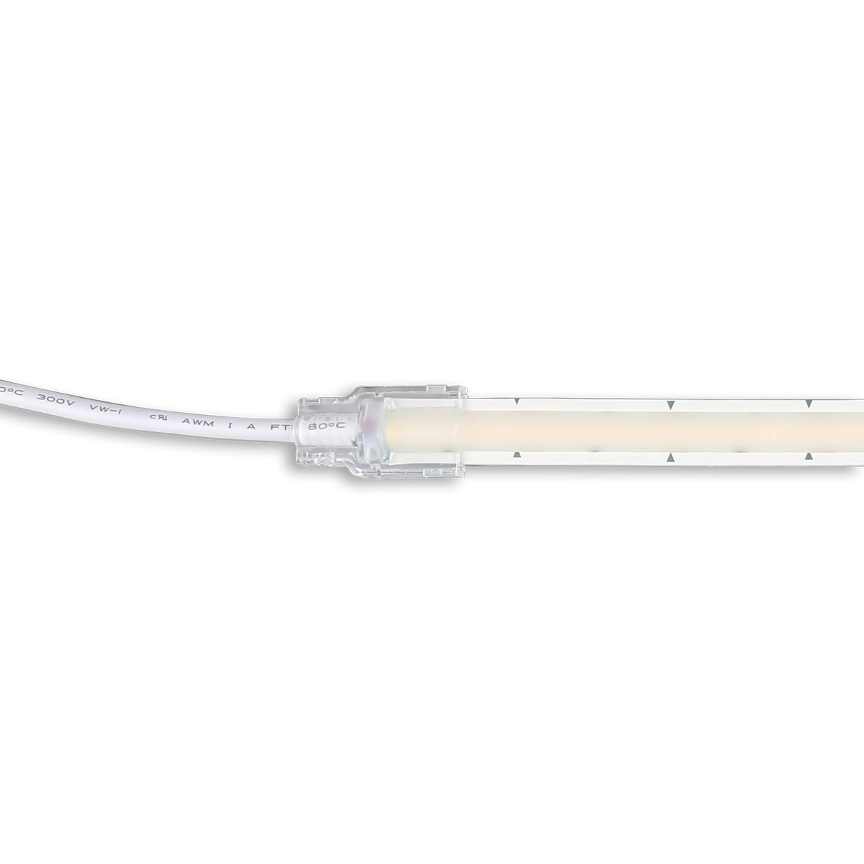 Close-up of the Glow67 Pro Series LED Strip Light Connector joined with an LED strip and white wiring, set against a black background.