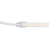 Close-up of the Glow67 Pro Series LED Strip Light Connector joined with an LED strip and white wiring, set against a black background.