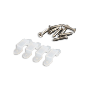 Four small translucent plastic Mounting Clips for Glow67 LED Strip and six silver screws are arranged on a black background—ideal for secure installation.