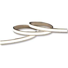 The Flexible Dot-less High Power COB IP67 LED Strip (24V) ~ Glow67 Pro Series is shown coiled in loose loops, emitting a soft white glow. This flat, smooth strip features visible segments and delivers reliable illumination.